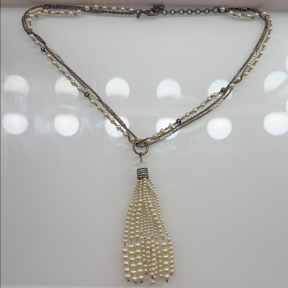 Chico's Vintage Cream and Silver Beaded Tassel Necklace